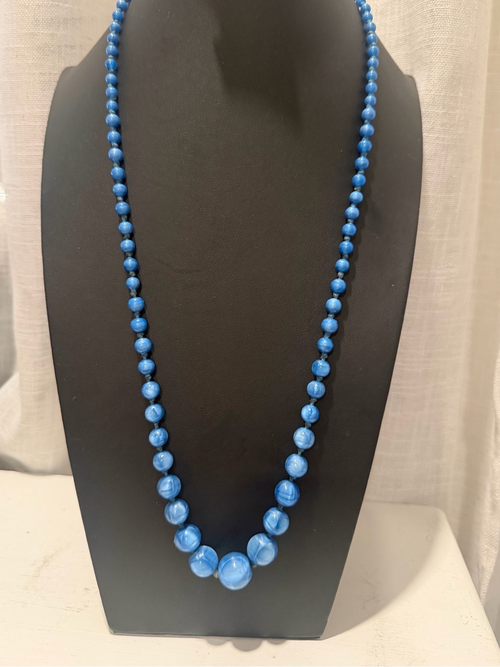 Vintage Blue Marbled Glass Graduated Hand Knotted Bead Necklace 32”
